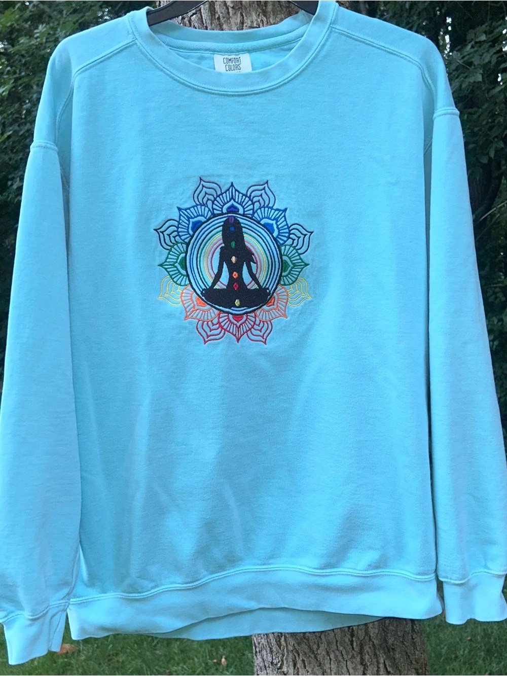 ❌SOLD❌Comfort Colors Teal Chakra Yoga Embroidered Sweatshirt